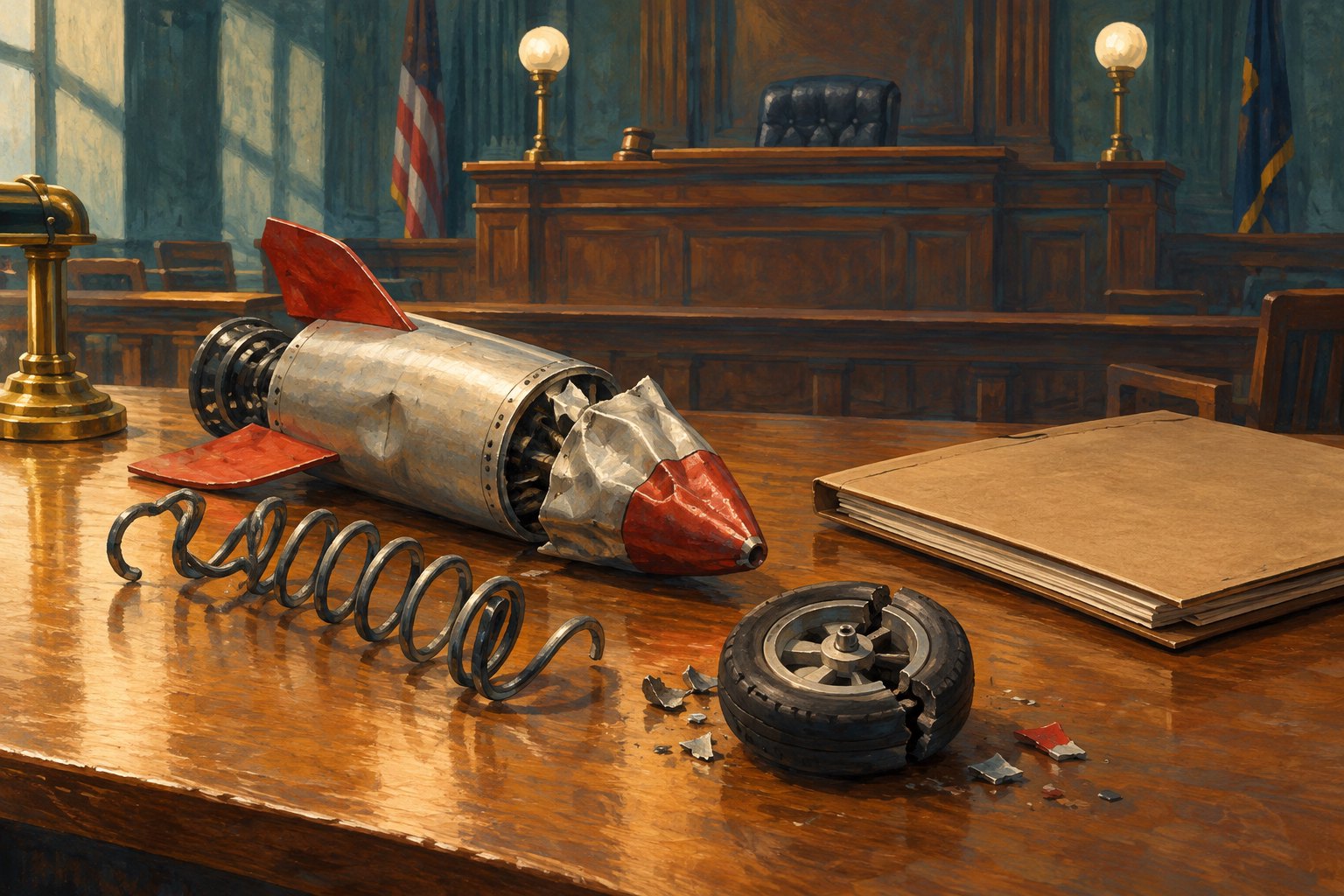 Conceptual courtroom illustration showing a damaged rocket, tangled spring, broken wheel, and closed legal folder on an evidence table.