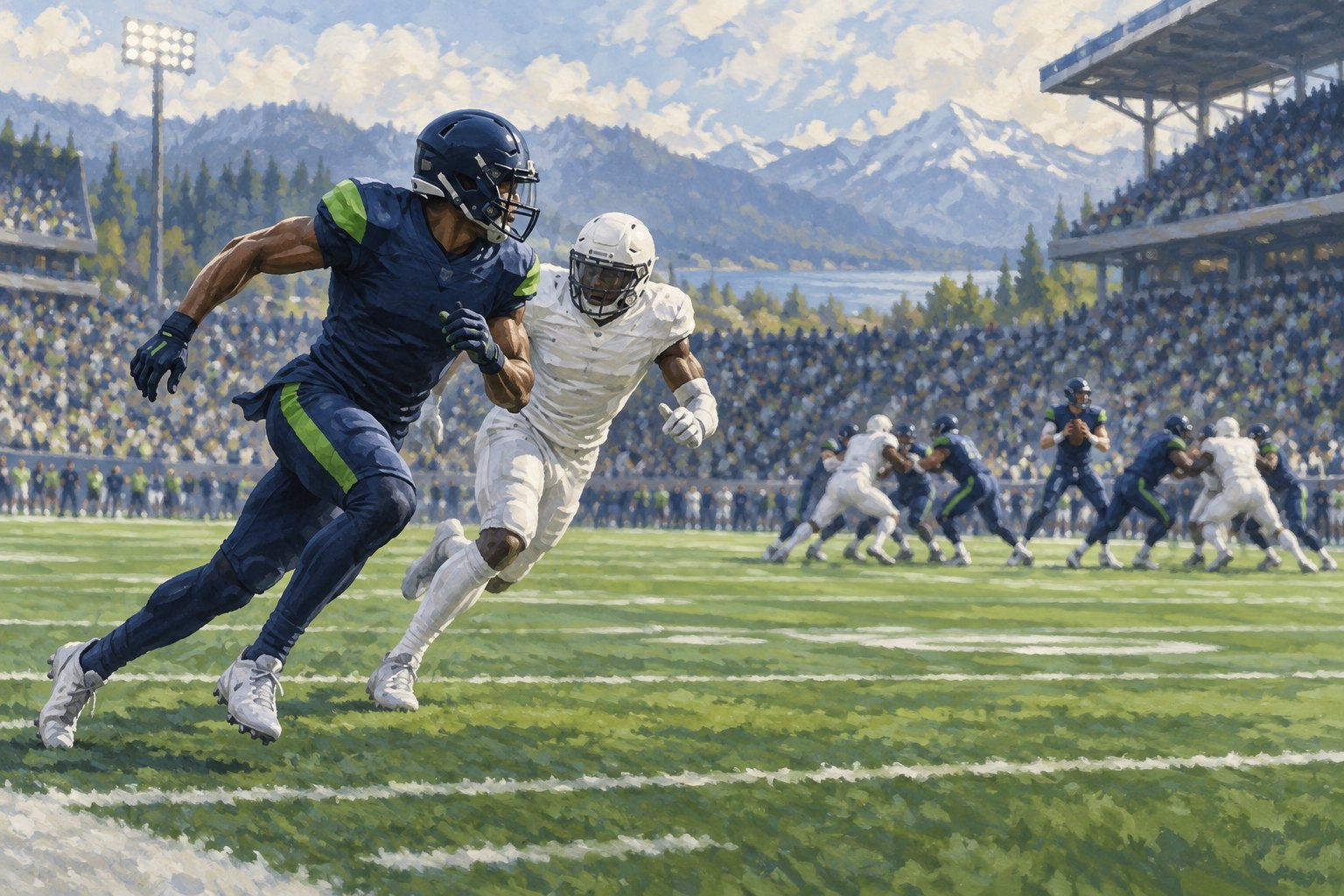 Illustration of a receiver and defender running in the foreground while a quarterback holds the ball farther downfield.