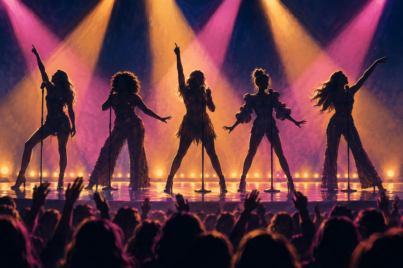 Conceptual illustration of five female singers sharing a stage under amber and magenta spotlights.