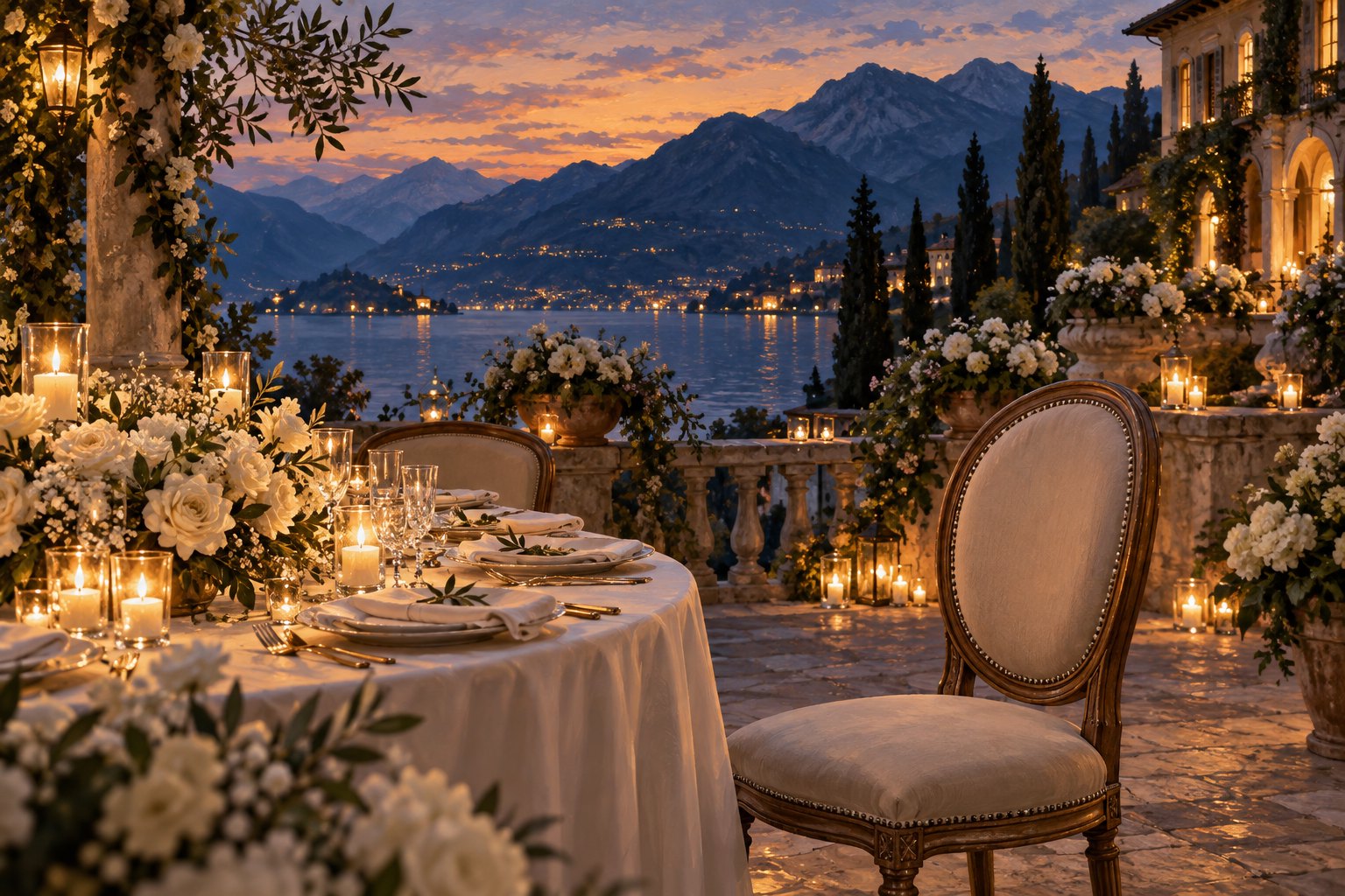 An empty chair beside a candlelit wedding table overlooking an Italian lake at twilight.