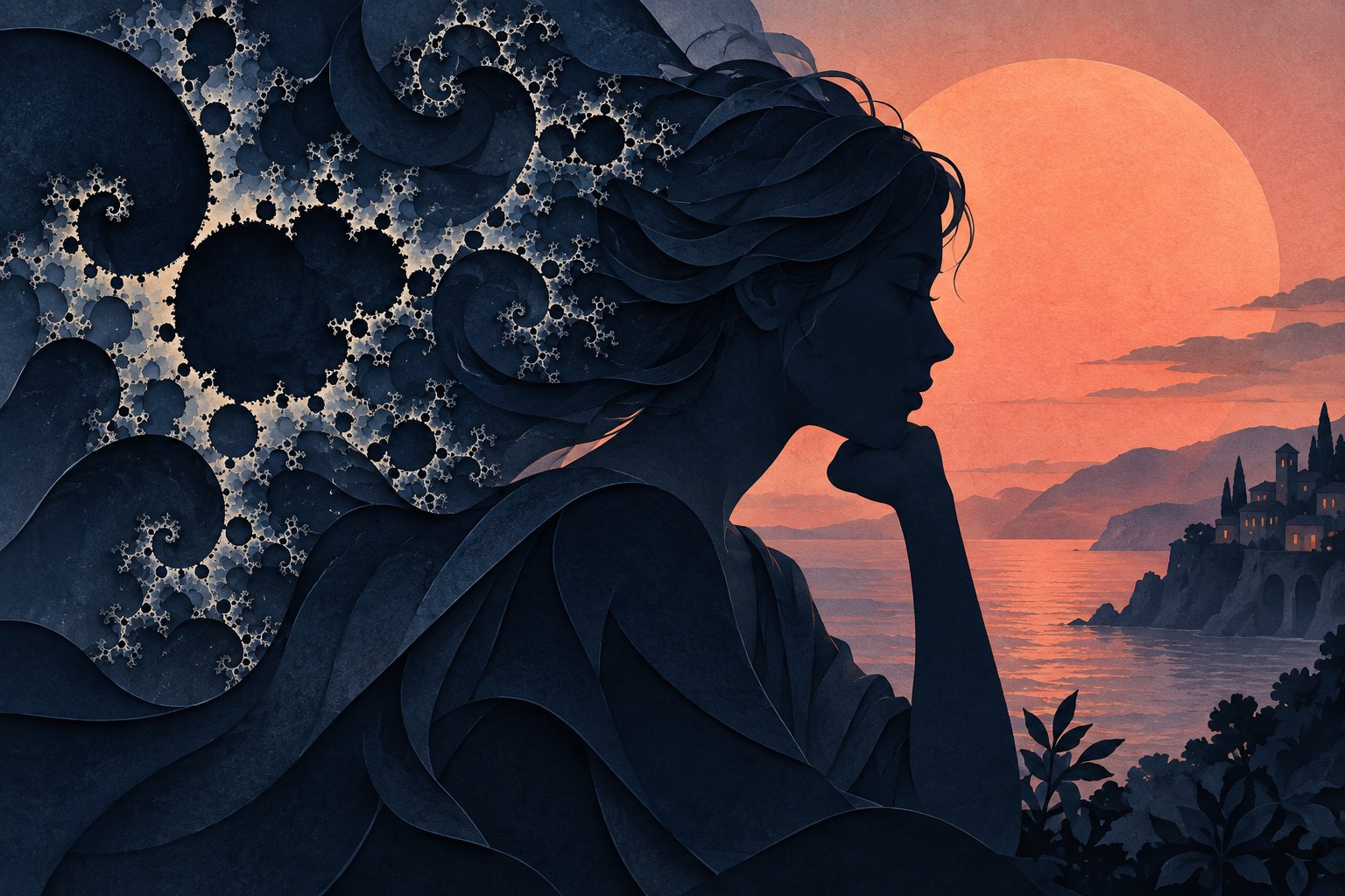 Conceptual illustration of a young woman’s silhouette between branching geometric shapes and a warm circular glow.