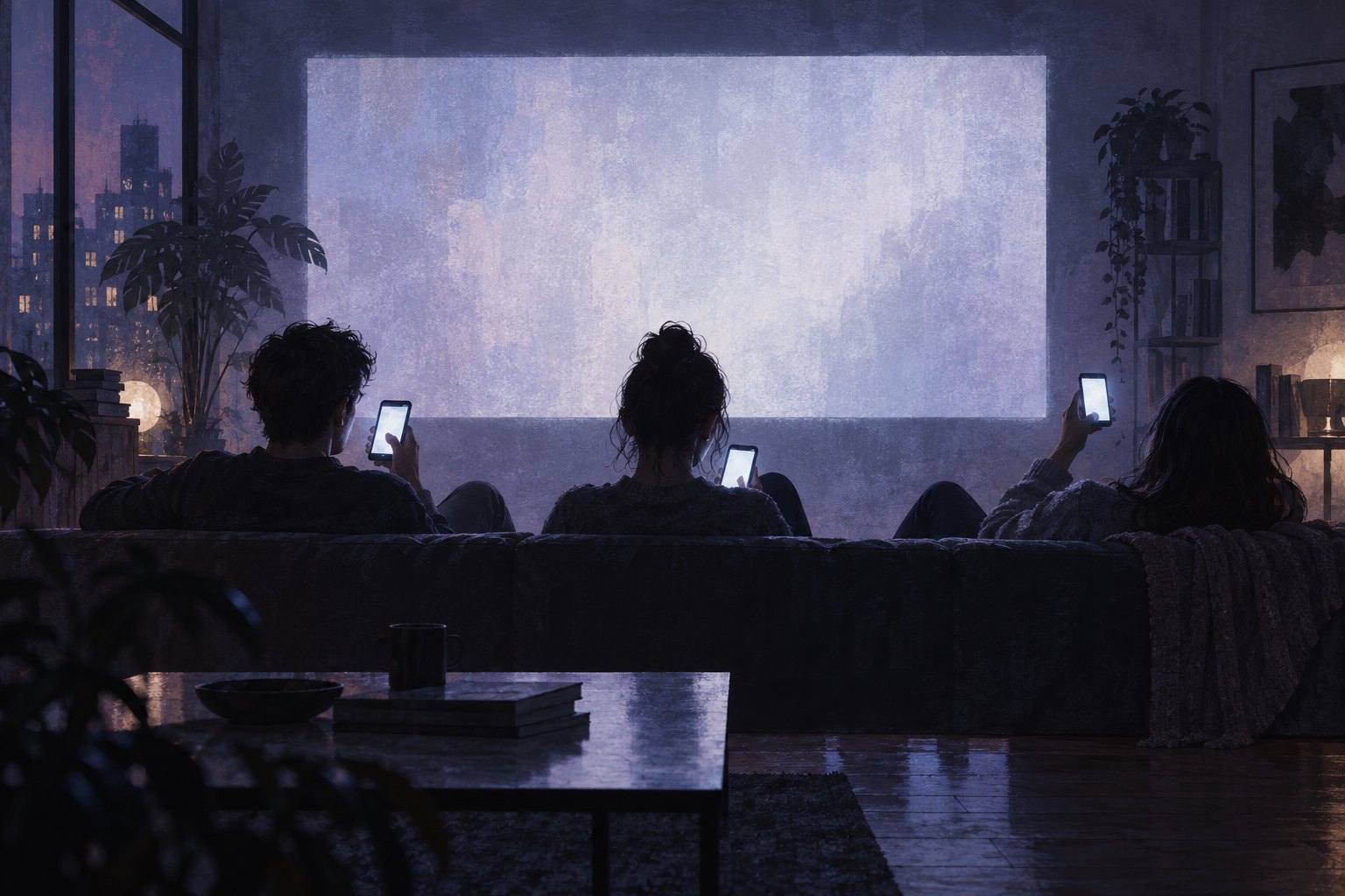 Conceptual illustration of three viewers checking glowing phones beneath a large illuminated screen in a dark living room.