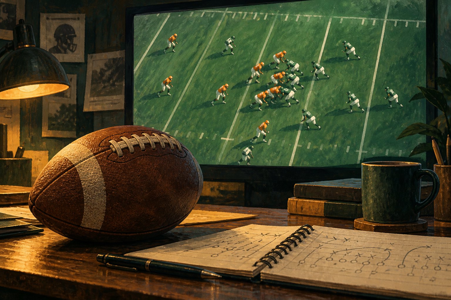 Editorial illustration of a football on a desk beside a notebook and a screen displaying a football field.