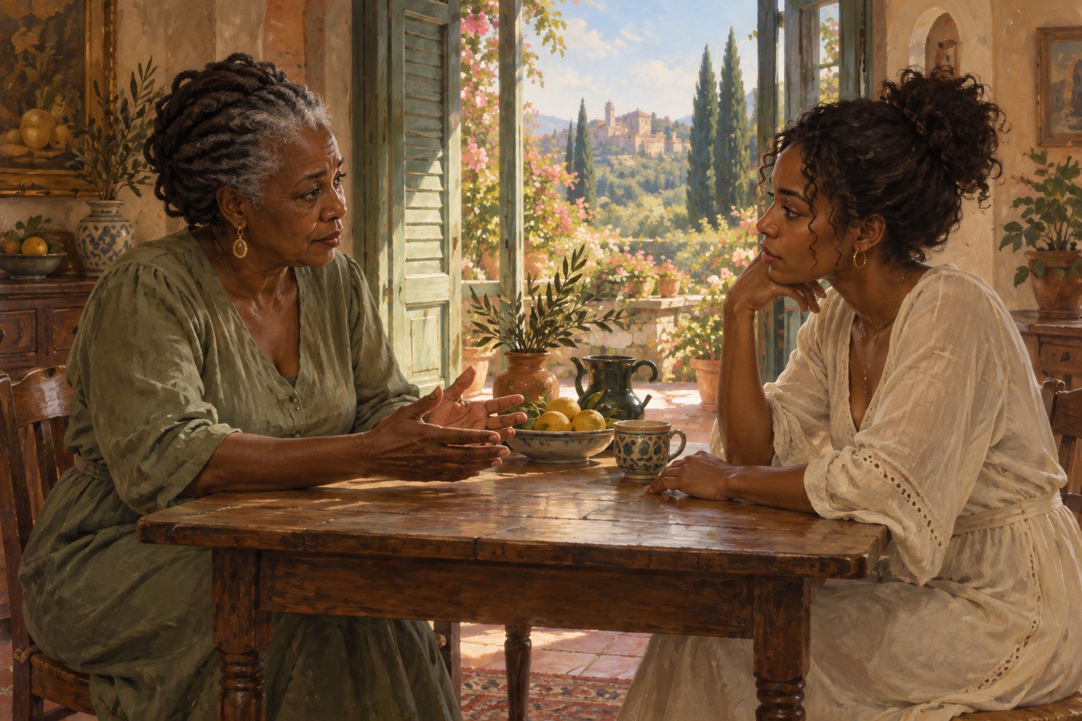 An original illustration of two Black women from different generations sharing a serious conversation in a sunlit villa.