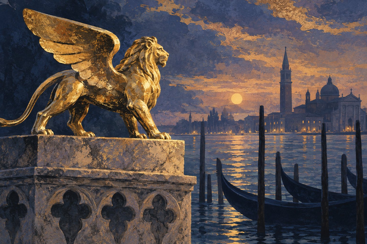 Concept illustration of a golden winged lion overlooking a Venetian lagoon at sunset.