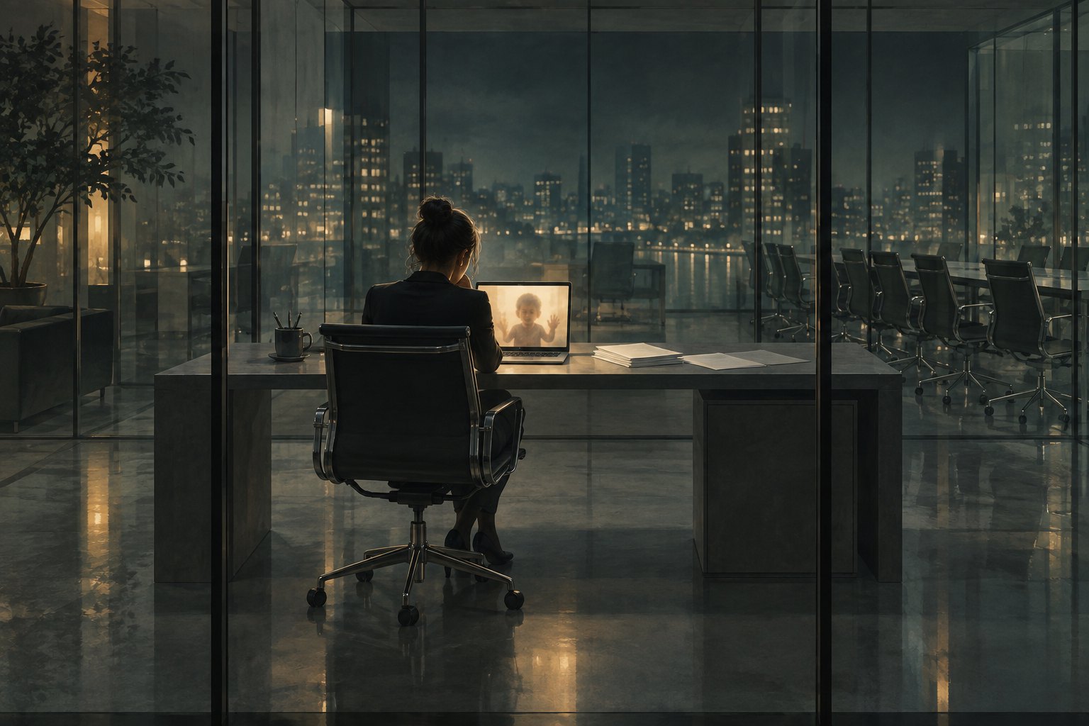 Conceptual illustration of a woman alone in a glass office at night, looking at a child on her laptop screen.