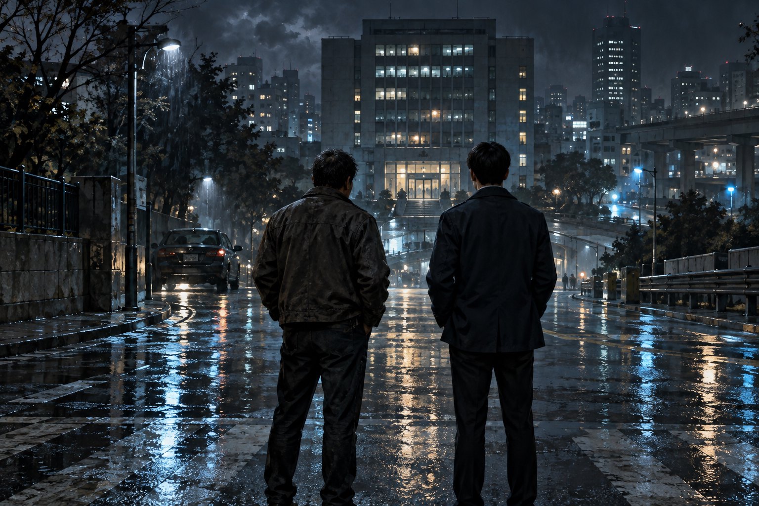 原创概念插画:两名便衣调查者背对观众站在雨夜街口,望向远处亮灯的办公楼