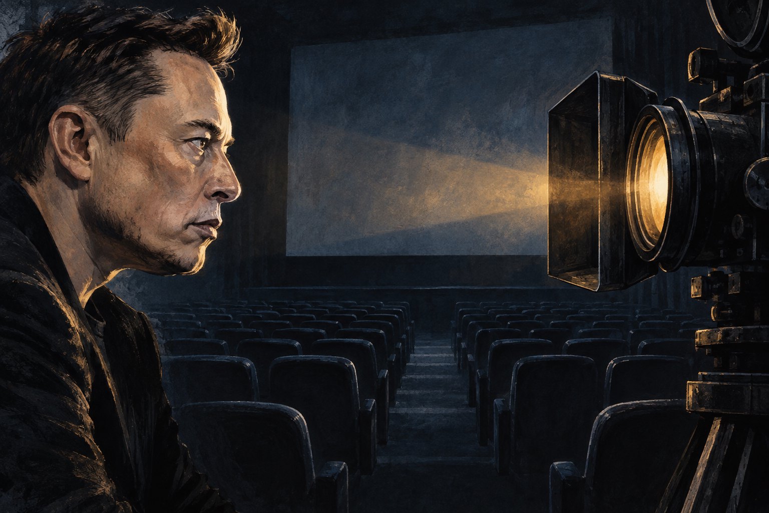 Editorial illustration of Elon Musk facing a documentary camera lens across a dark cinema.