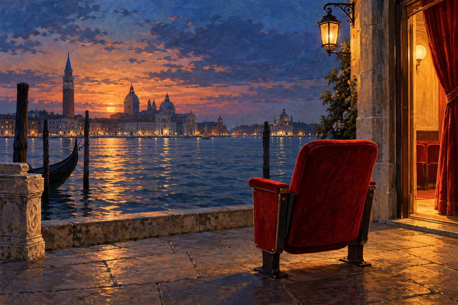 Painted illustration of an empty red cinema chair overlooking the Venetian lagoon at sunset beside a warmly lit doorway.