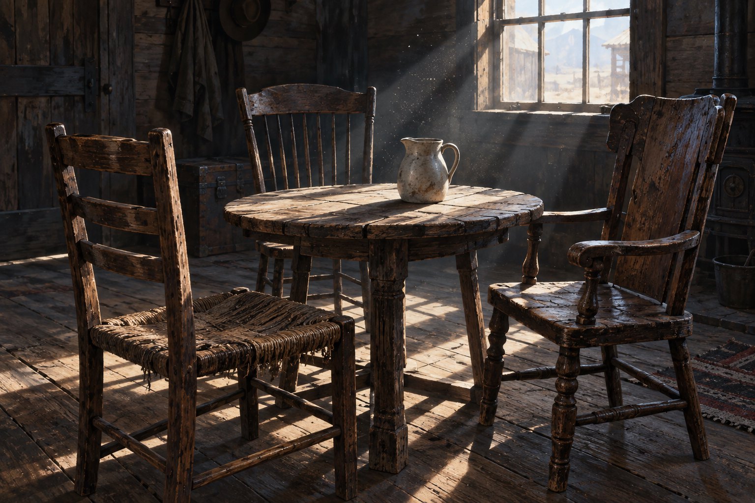 Conceptual illustration of three worn wooden chairs around a round table in a sunlit frontier room, not a scene from the film.