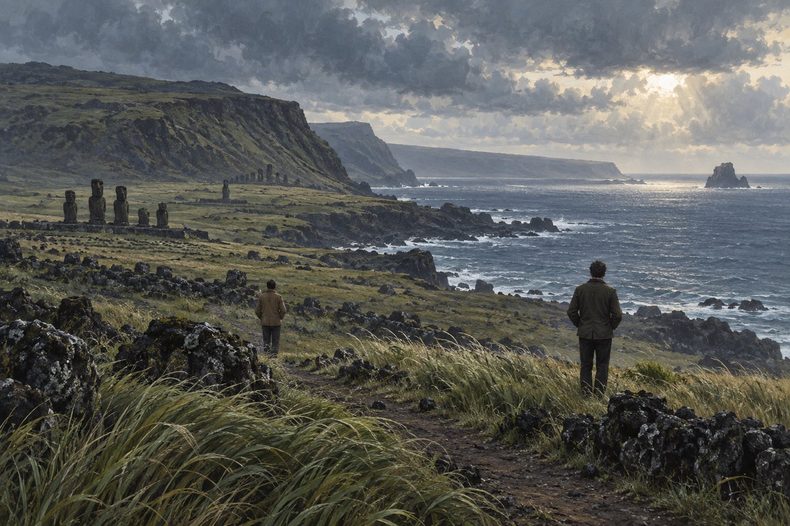 Concept illustration of two men standing apart on a windswept Rapa Nui coastal path, with distant moai and the Pacific Ocean.