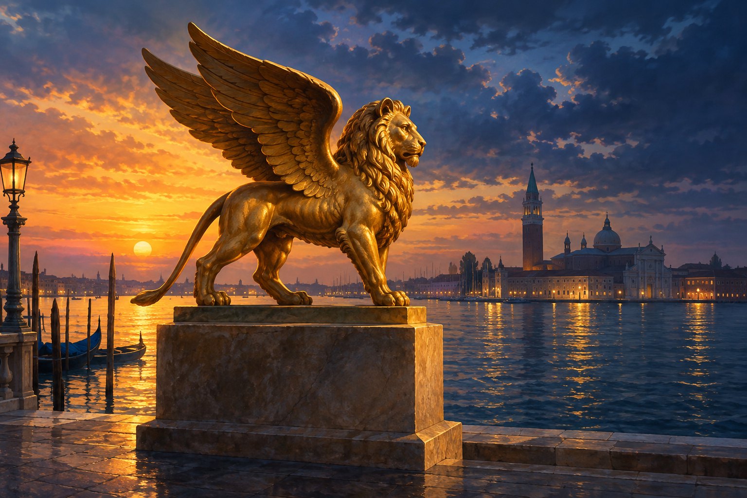 Conceptual illustration of a golden winged lion overlooking the Venetian lagoon at sunset.