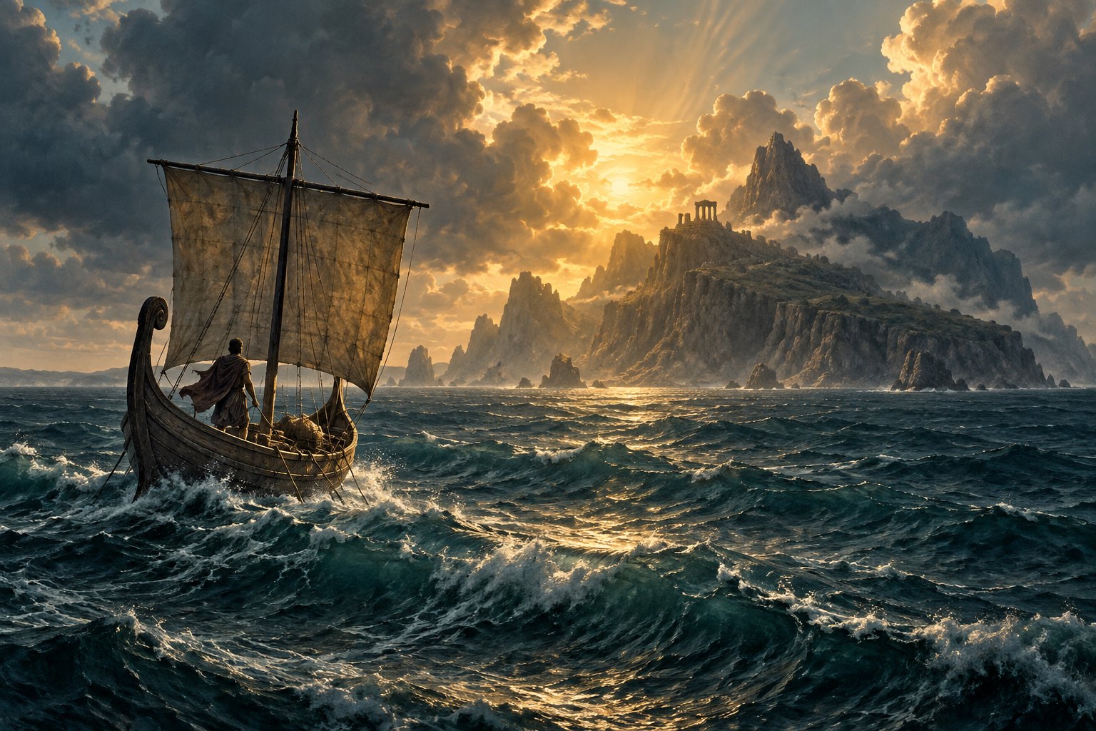 Original illustration of an ancient sailing vessel crossing rough blue water toward a mountainous island beneath golden clouds.