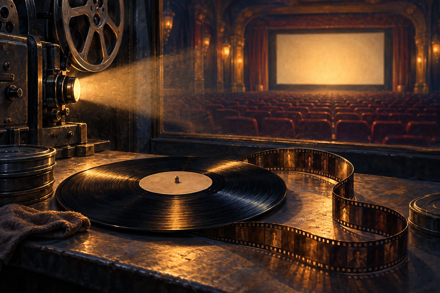 A vinyl record and curling film strip sit beside a projector overlooking an empty, warmly lit movie theater.