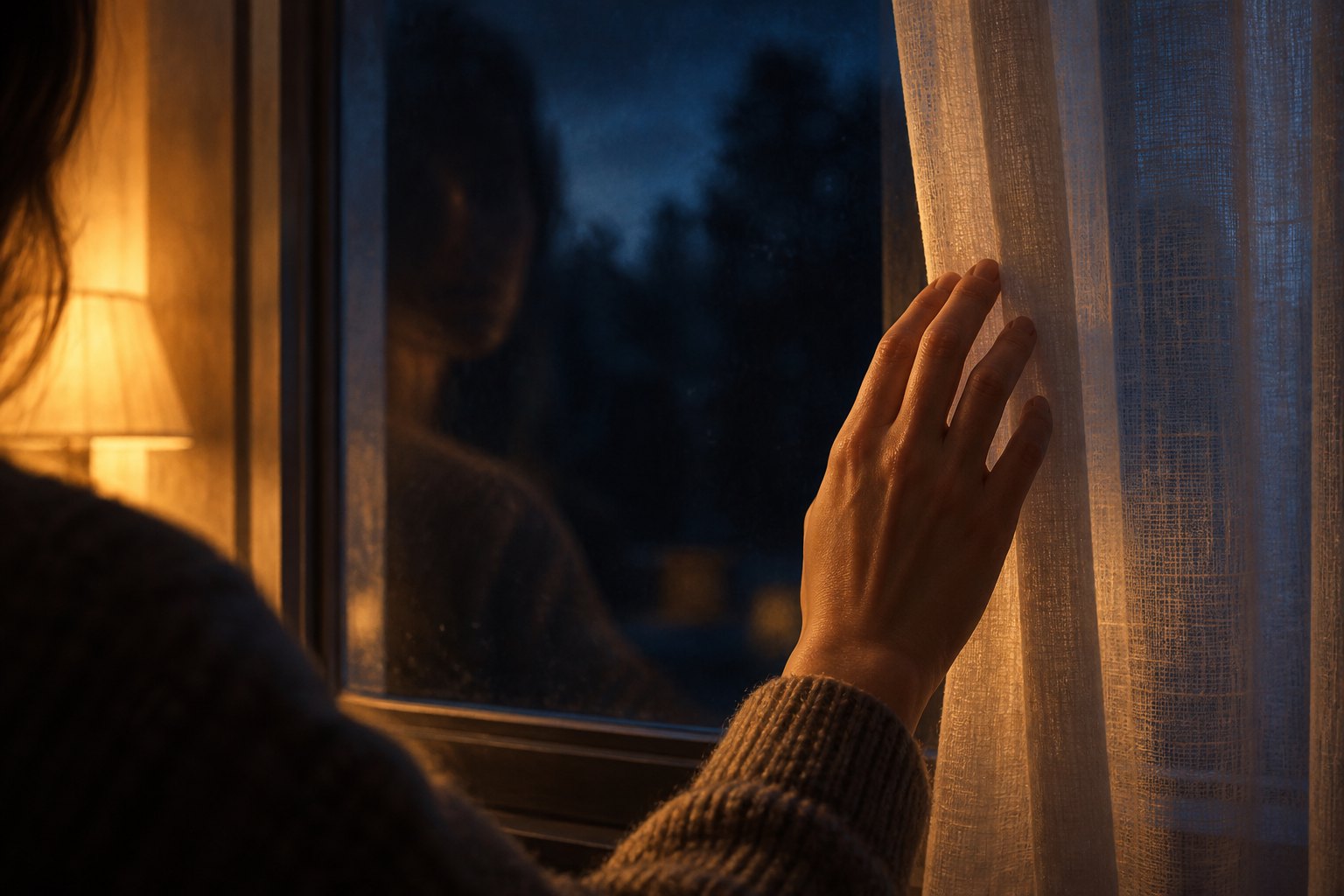 Concept illustration of a person touching a sheer curtain beside a dark window reflecting their silhouette.