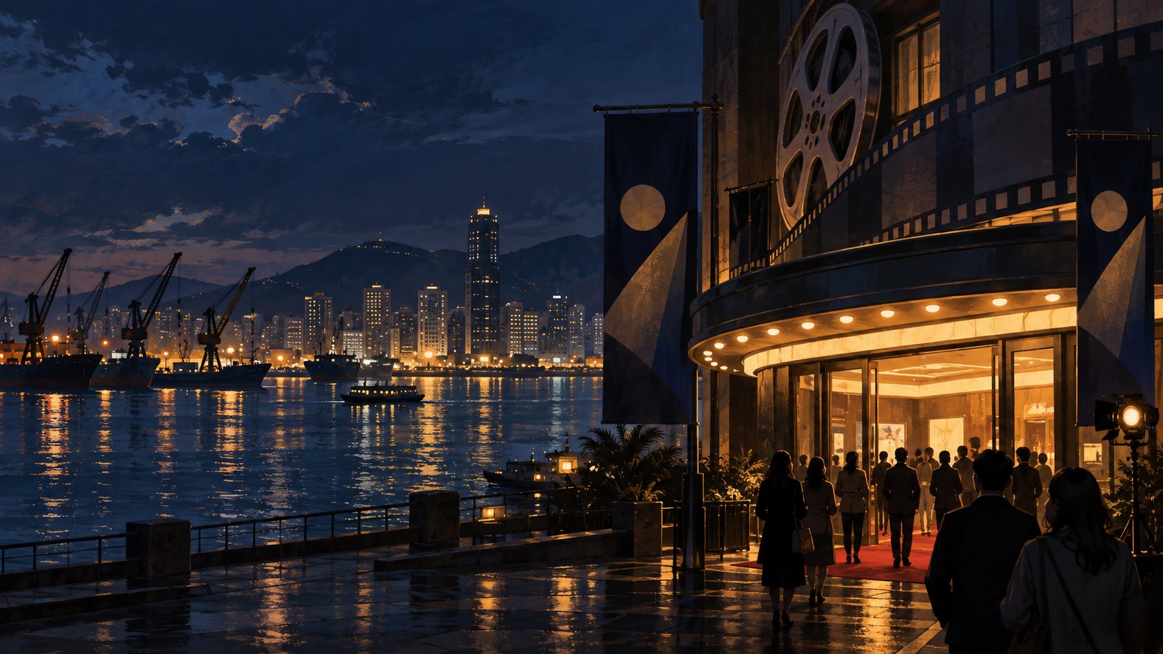 港灣夜色與暖光戲院入口交映,觀眾走向放映空間的原創概念插圖,非電影劇照或實際場館。