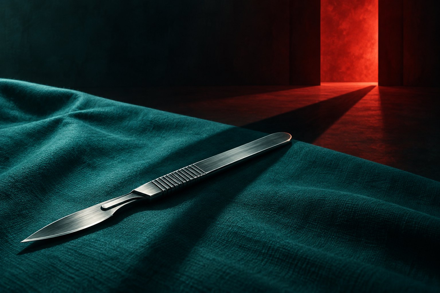Concept illustration of a silver scalpel on teal surgical cloth with a dramatic shadow and an abstract red doorway.
