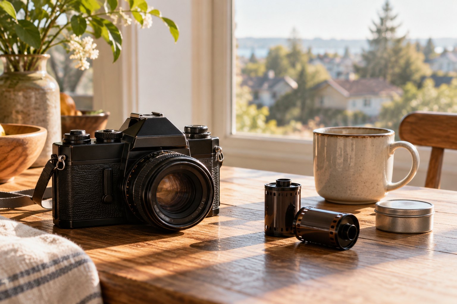 A vintage still camera, plain film cartridges, a metal film tin, and a coffee cup on a sunlit wooden table.