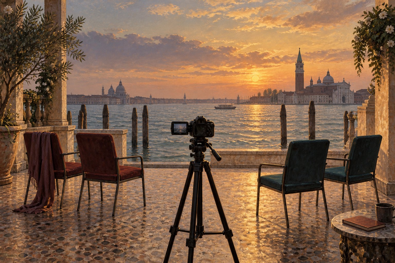 Conceptual illustration of a camera and four empty chairs overlooking the Venice lagoon at sunset.