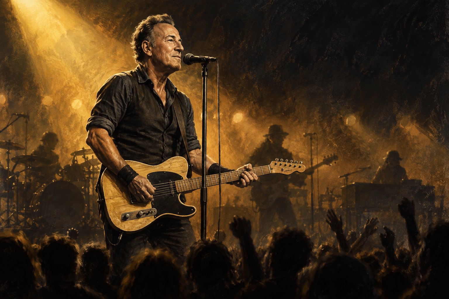Editorial illustration of Bruce Springsteen holding an electric guitar at a microphone under amber light, with musicians and an audience behind him.