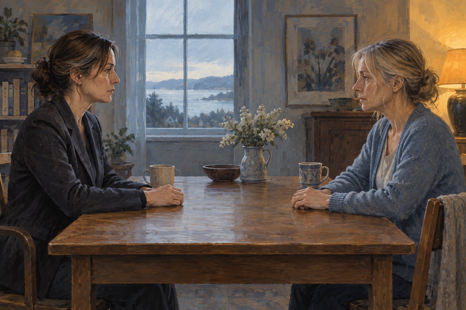 Conceptual illustration of two middle-aged women sitting opposite each other across a wooden table, suggesting emotional distance.