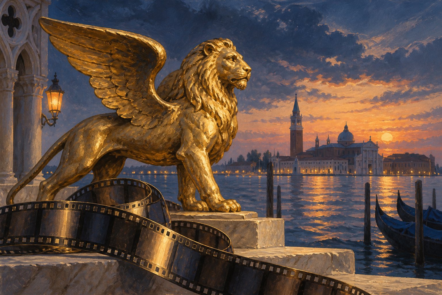 Painterly illustration of a golden winged lion and curling film strip beside the Venice lagoon at sunset.