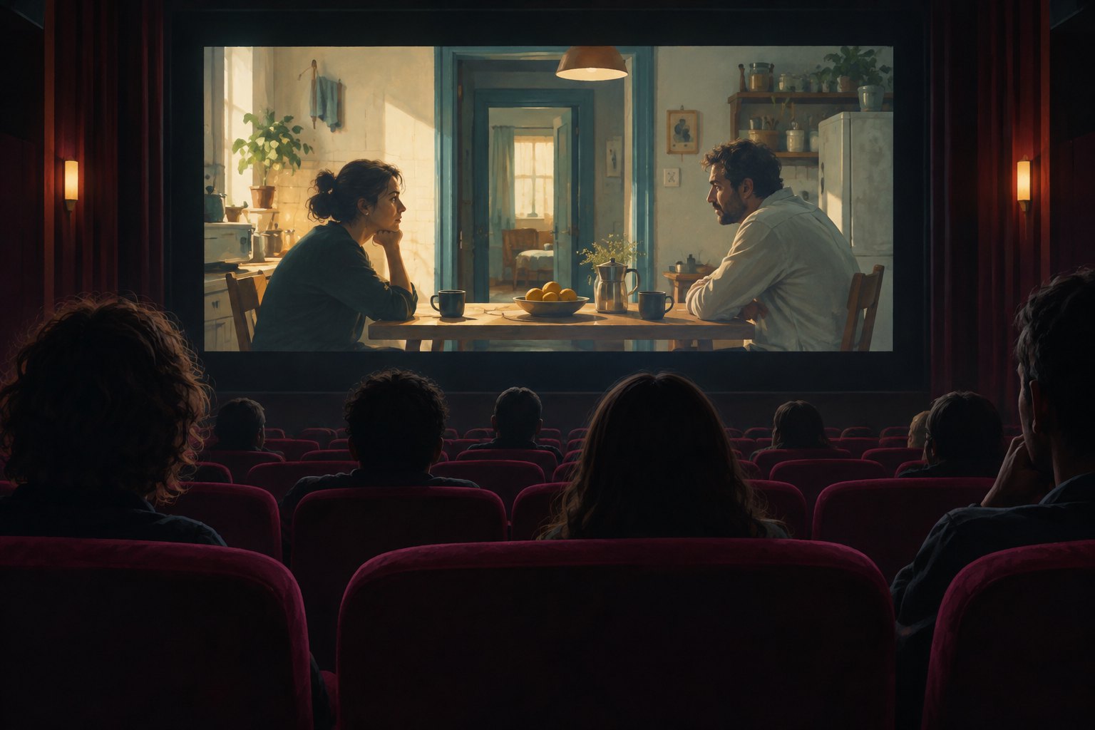 Conceptual illustration of a cinema audience watching two fictional characters face each other across a kitchen table.