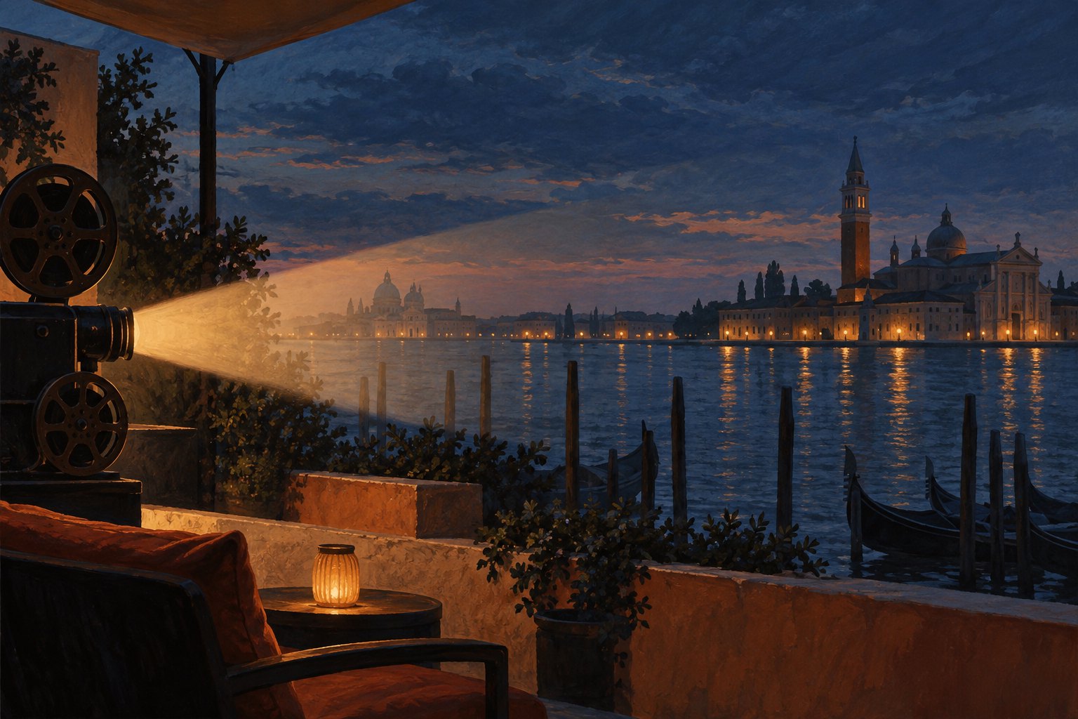 Painterly illustration of a Venetian waterfront at dusk with warm projection light crossing a cinema terrace.
