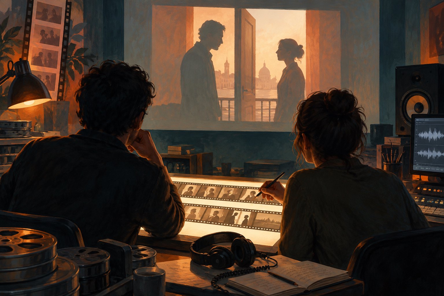 Conceptual illustration of two film collaborators studying a projected doorway scene in a warmly lit editing room.