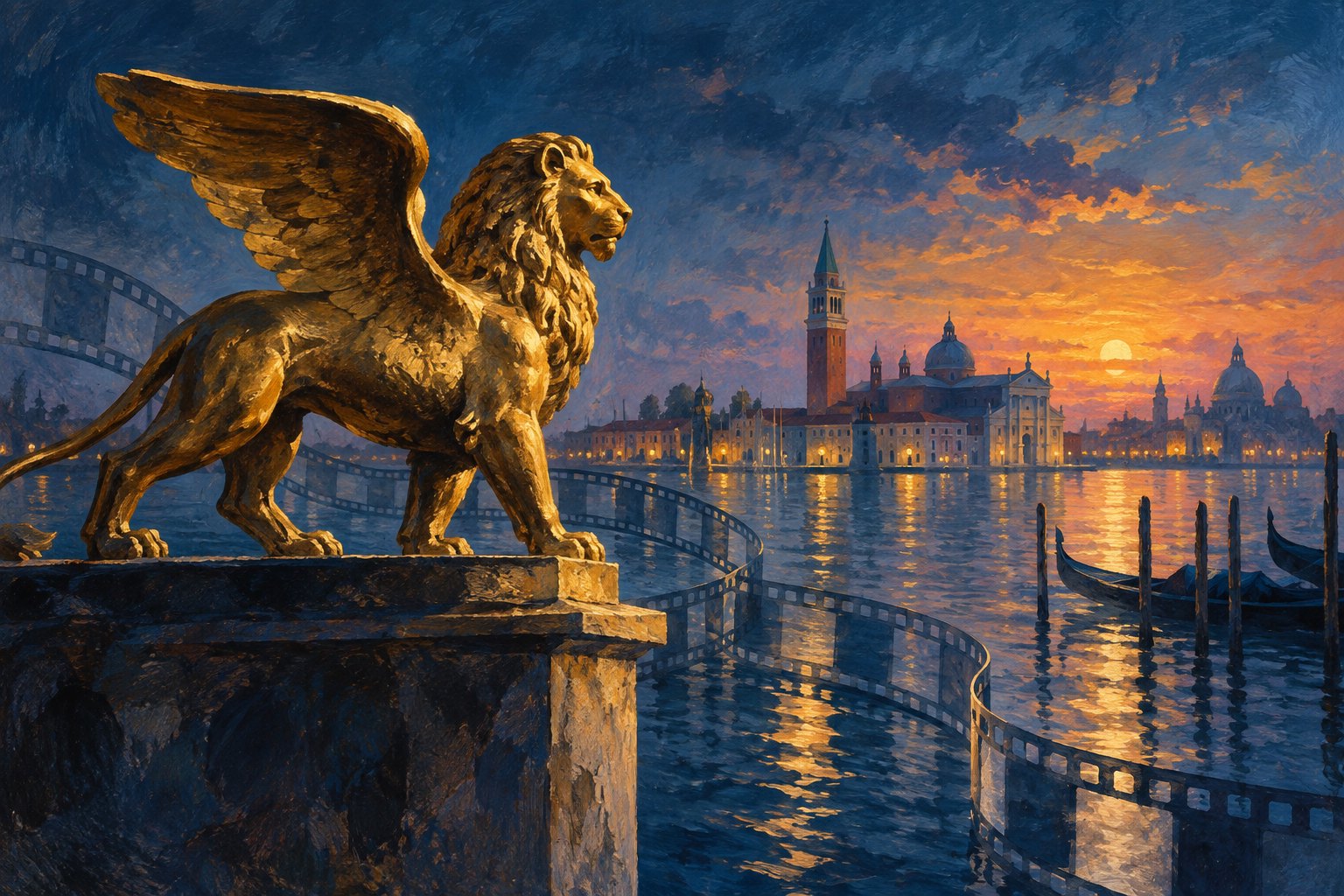 Painterly illustration of a golden winged lion overlooking the Venice lagoon at sunset, with film strips curling across the water.