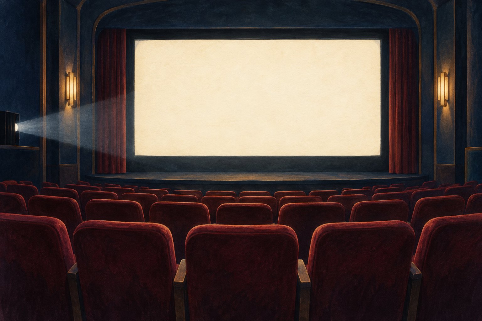 Painterly illustration of an empty cinema with burgundy seats, a blank ivory screen, and a soft projector beam.