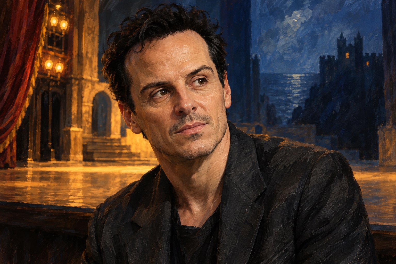 Painted editorial portrait of Andrew Scott against an amber-lit theater and a deep blue castle backdrop.