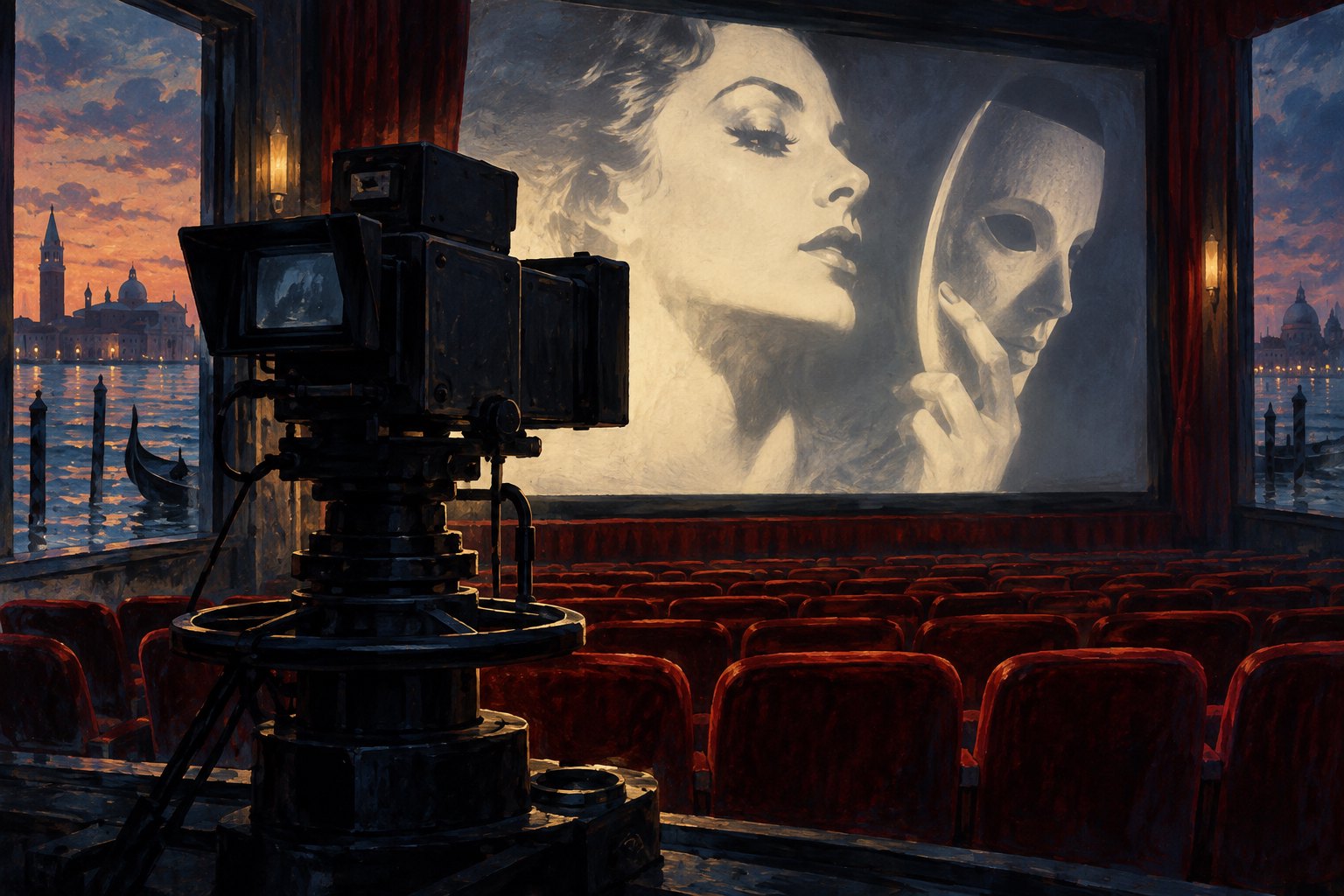 Painterly illustration of a vintage camera facing a screen with a woman's face and theatrical mask, framed by red cinema seats and Venetian waterfront views.