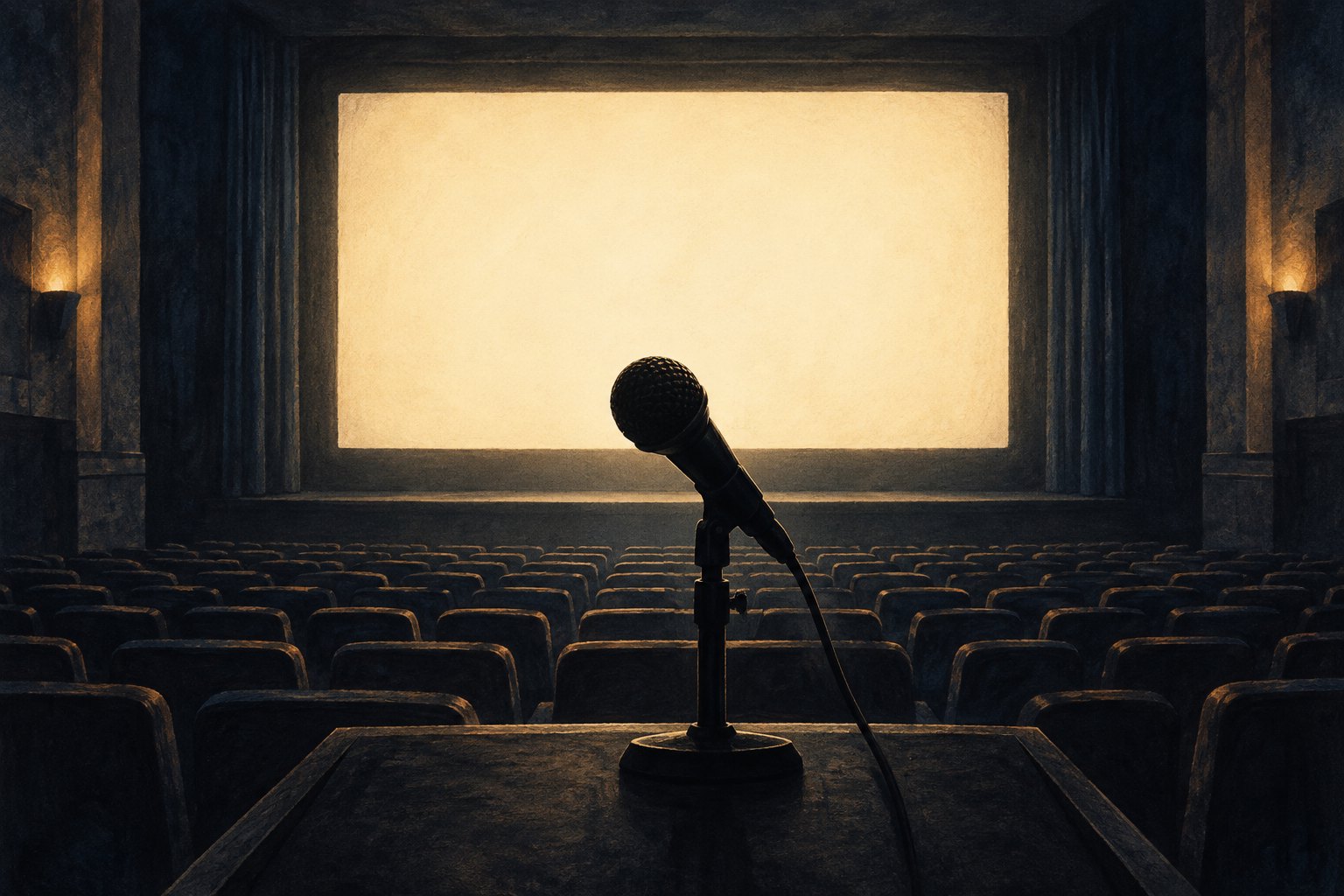 Conceptual illustration of a microphone silhouetted before a glowing blank screen in an empty movie theater.