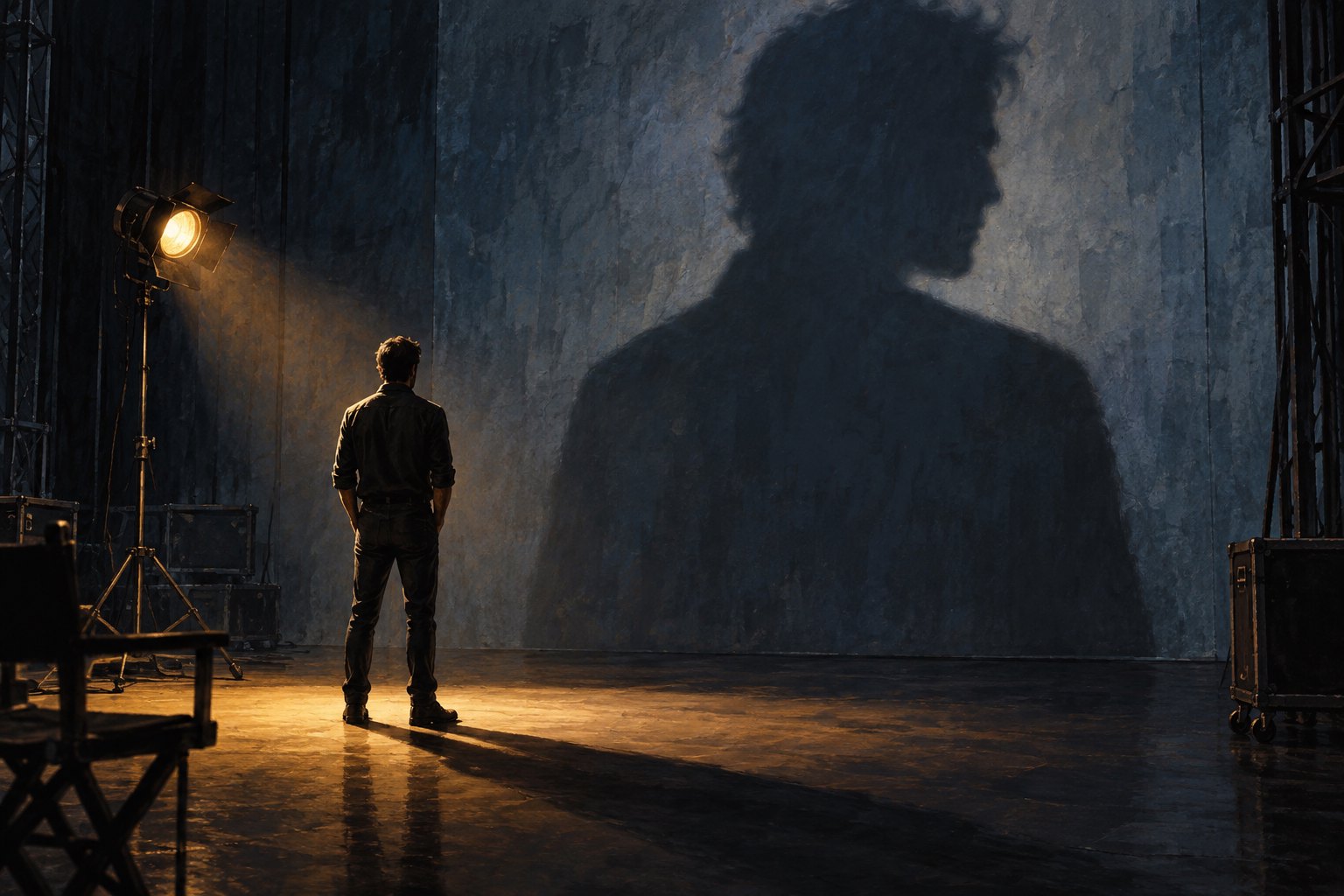 Conceptual illustration of an anonymous actor on a dark soundstage casting an oversized shadow beneath a warm spotlight.