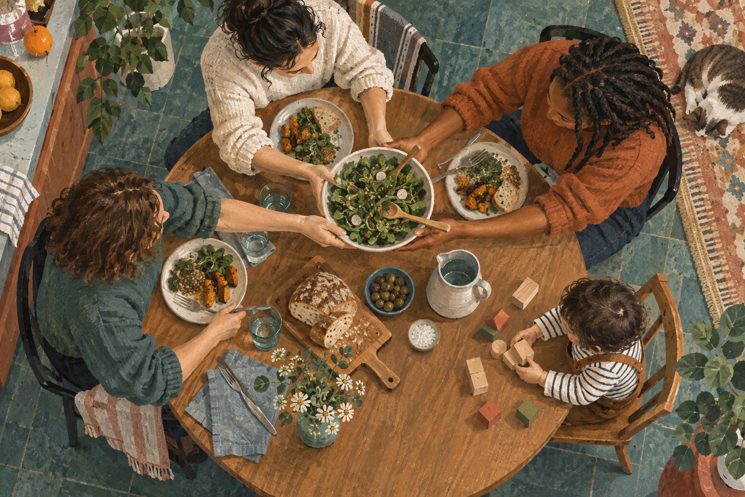 Conceptual overhead illustration of three adults sharing food around a wooden table while a child plays with blocks.