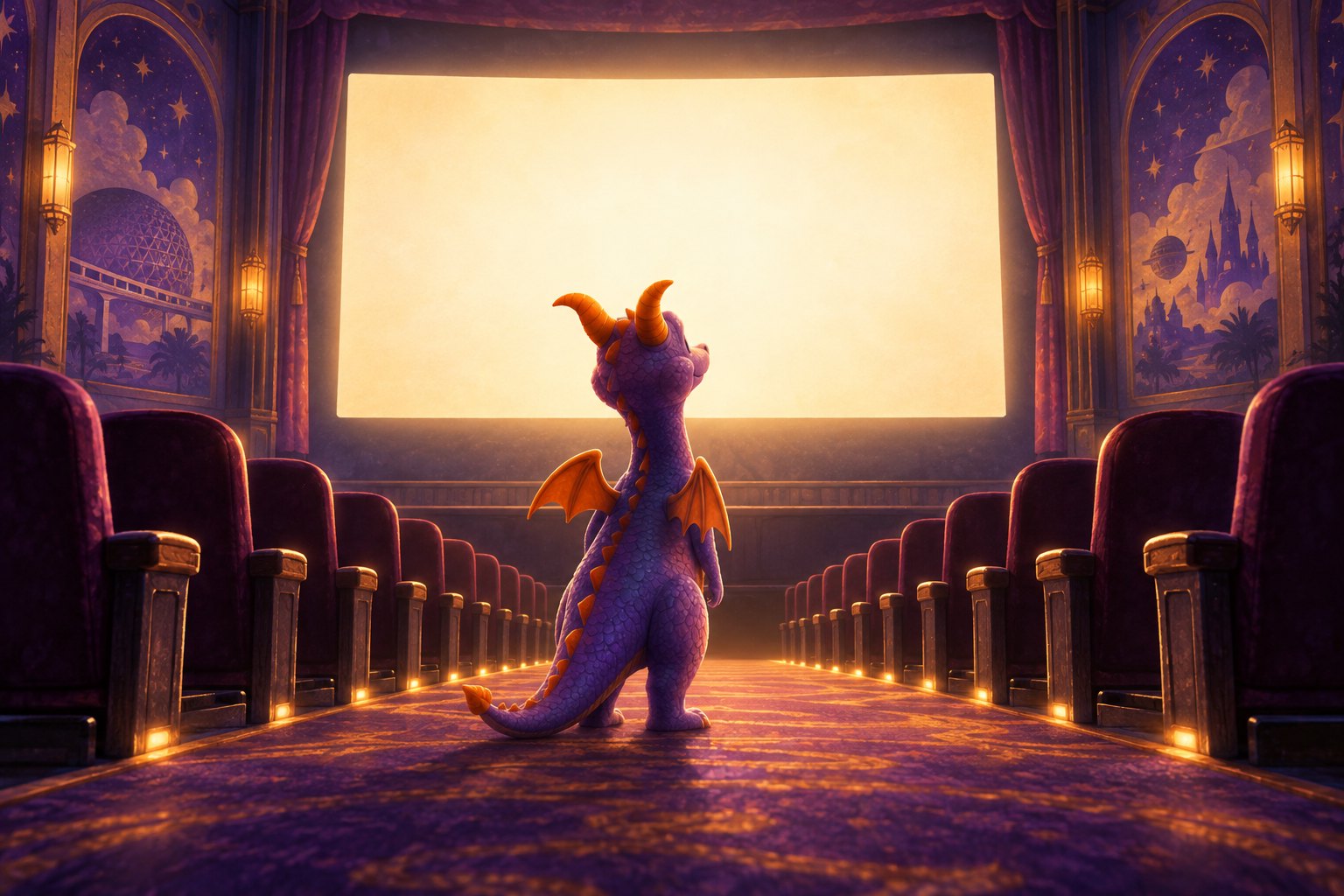 Conceptual illustration of a small purple dragon facing a glowing blank screen in an empty movie theater.