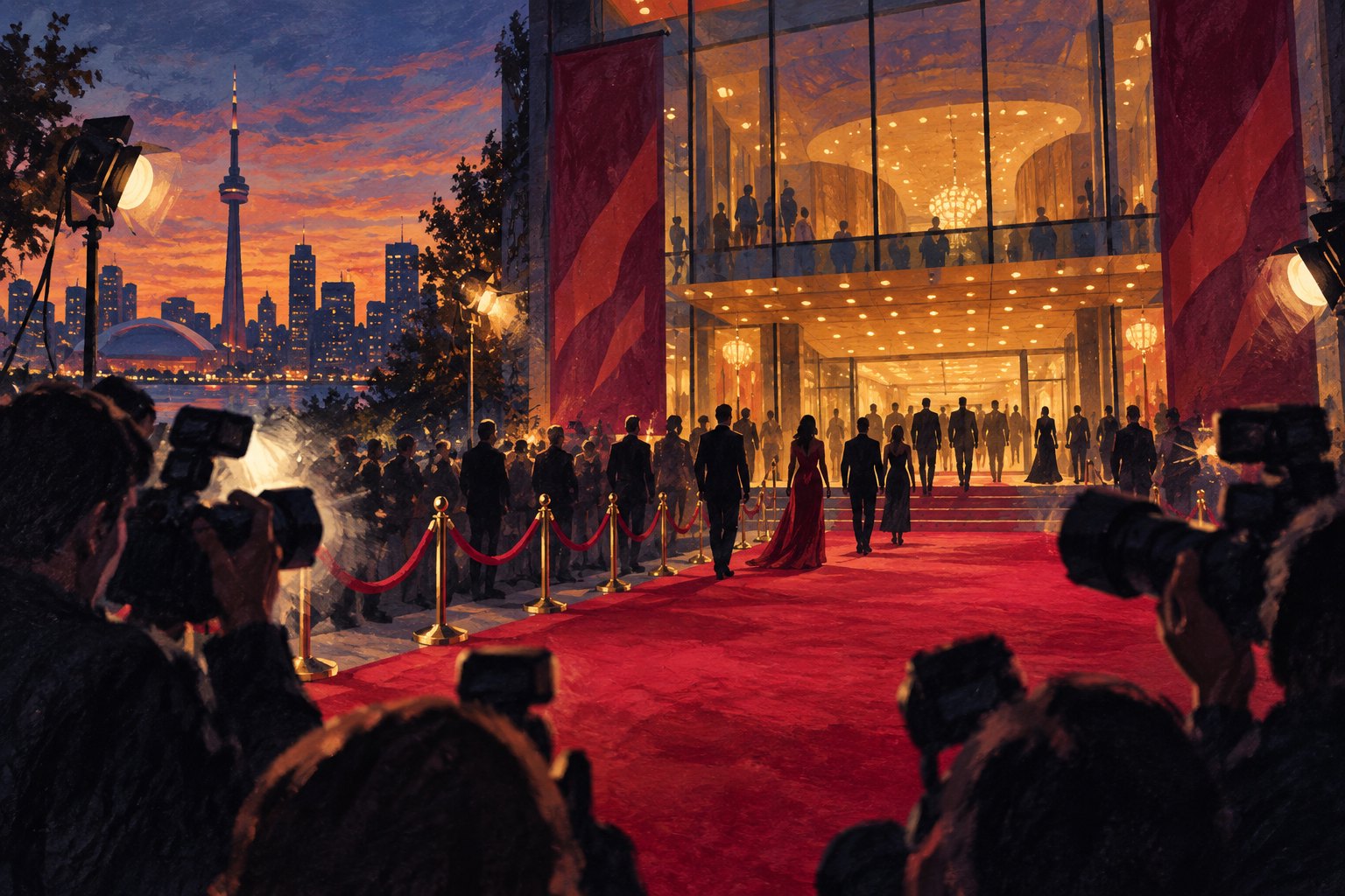 Conceptual illustration of photographers and guests at an imagined Toronto film premiere entrance at dusk.