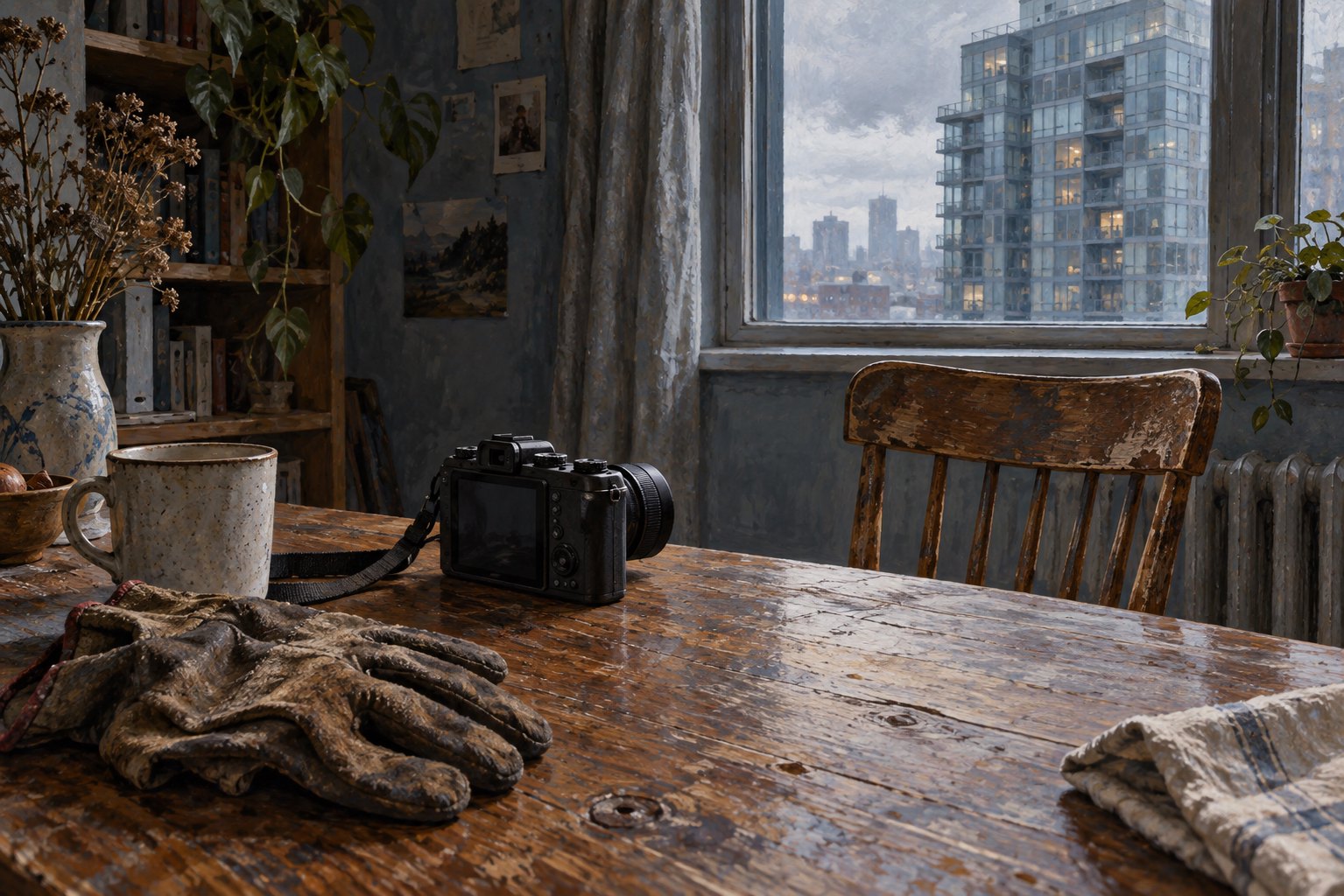 Conceptual illustration of worn work gloves, a mug, and a camera on a wooden table beside an empty chair.