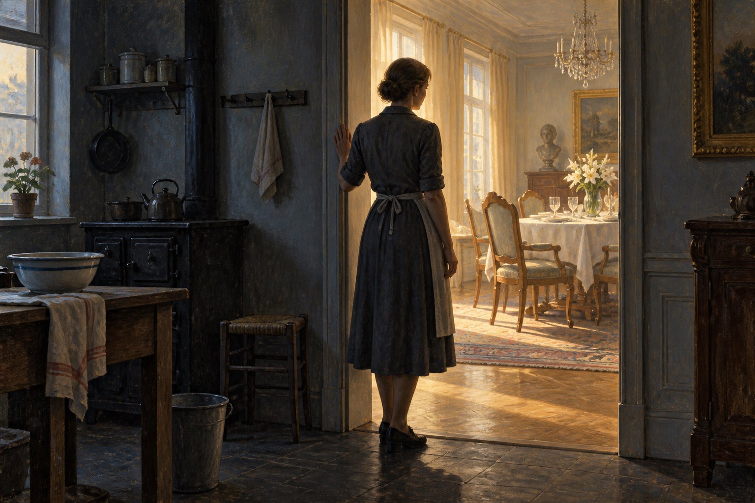 Conceptual illustration of a woman standing between a shadowed kitchen and an elegant, sunlit dining room.