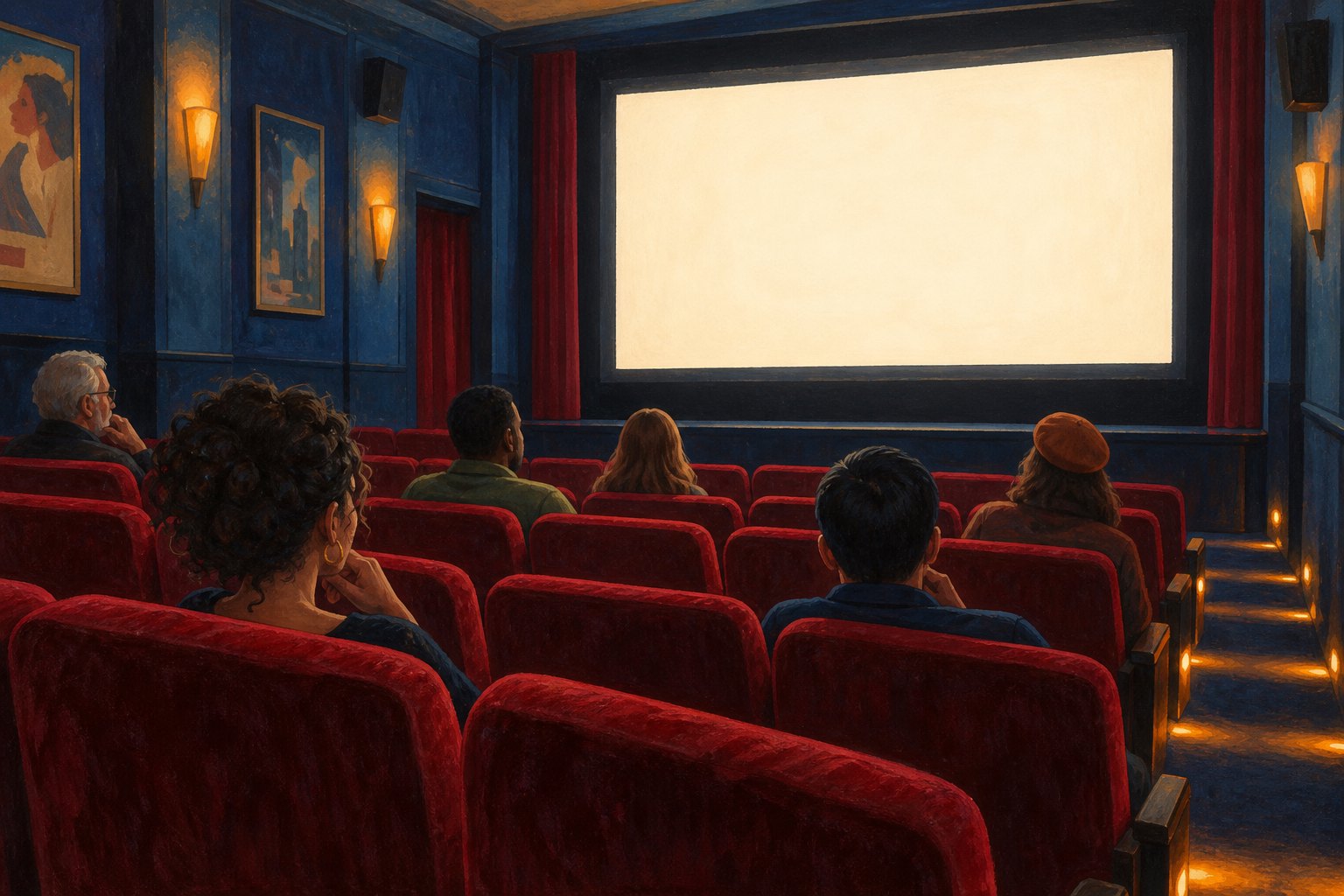 Painted illustration of viewers seated in a small neighborhood cinema facing a blank illuminated screen.
