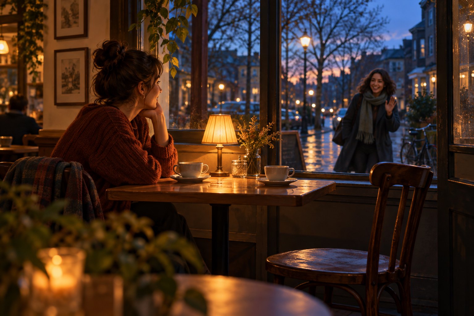 An illustrative cafe scene showing a woman beside a warm table lamp watching a friend approach the window at dusk.