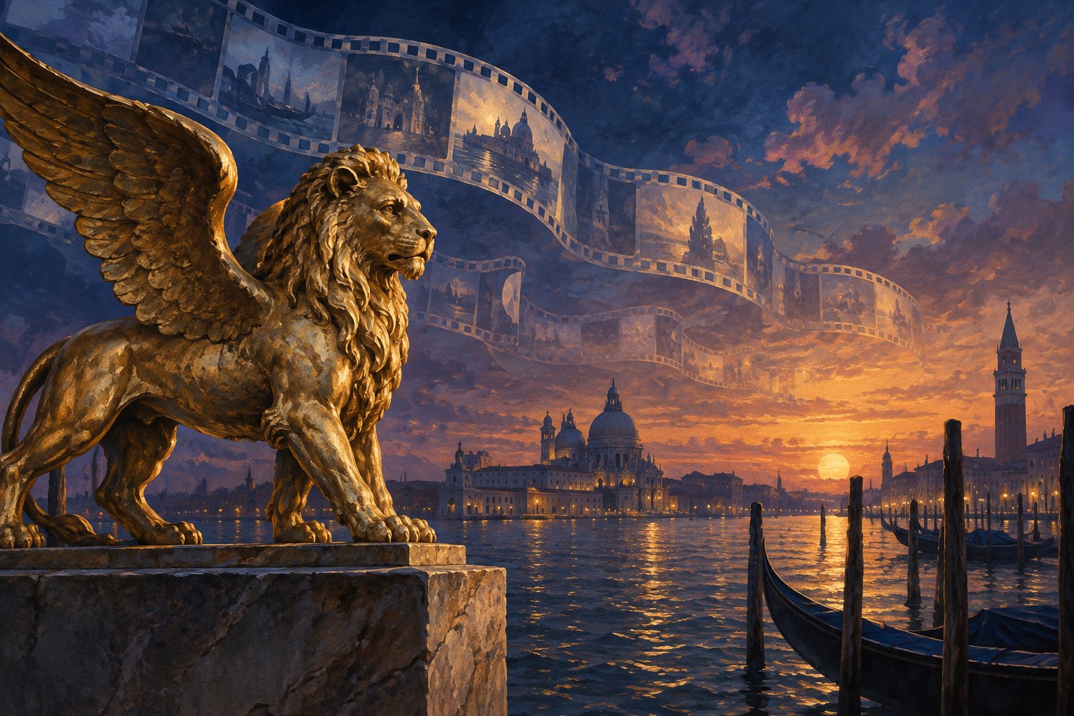 Conceptual illustration of a golden winged lion overlooking a Venetian lagoon beneath floating film strips at sunset.