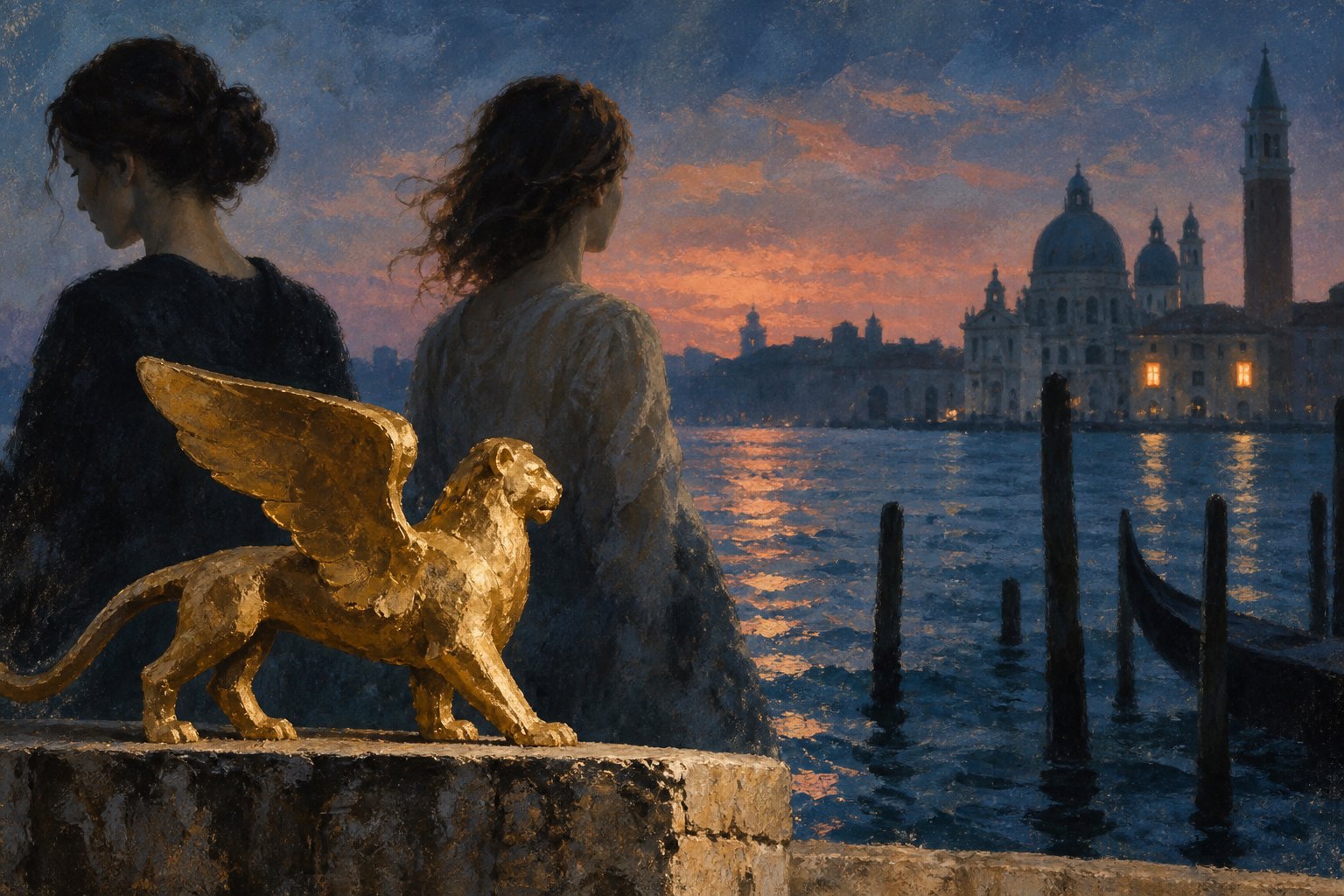 Conceptual illustration of a golden winged lion and two women facing apart beside the Venetian lagoon at dusk.