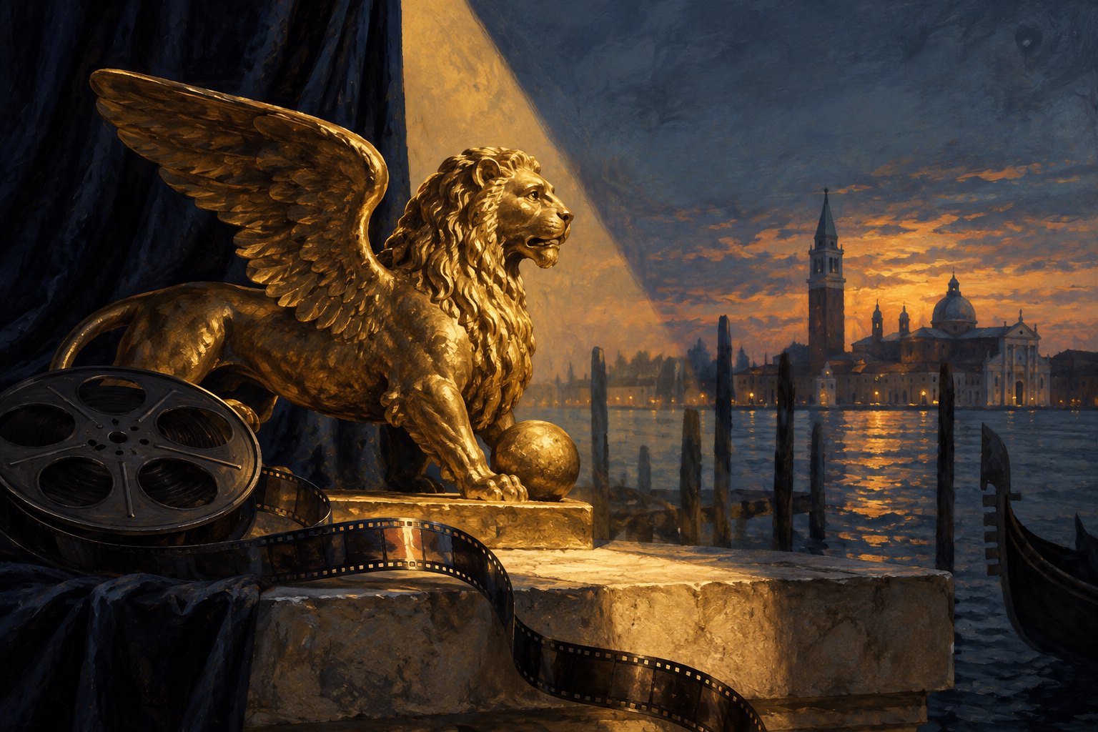 Editorial illustration of a golden winged lion and film reel overlooking the Venice lagoon at dusk.