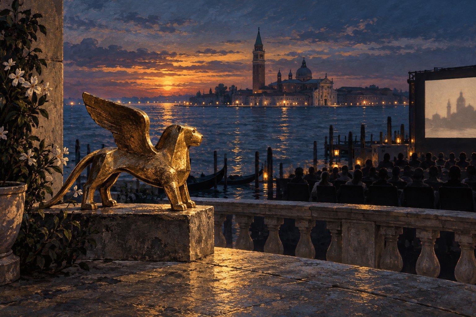 Conceptual illustration of a golden winged lion overlooking Venice at dusk beside an outdoor cinema audience.