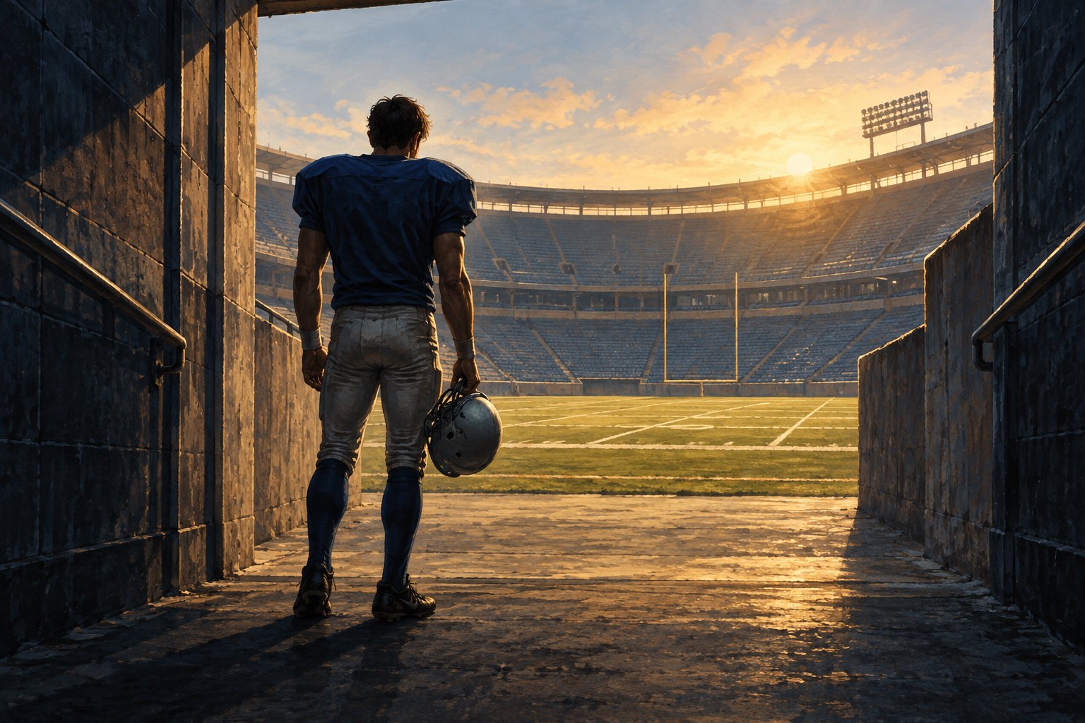 Conceptual illustration of a football player holding a helmet at a stadium tunnel entrance overlooking a sunlit field.