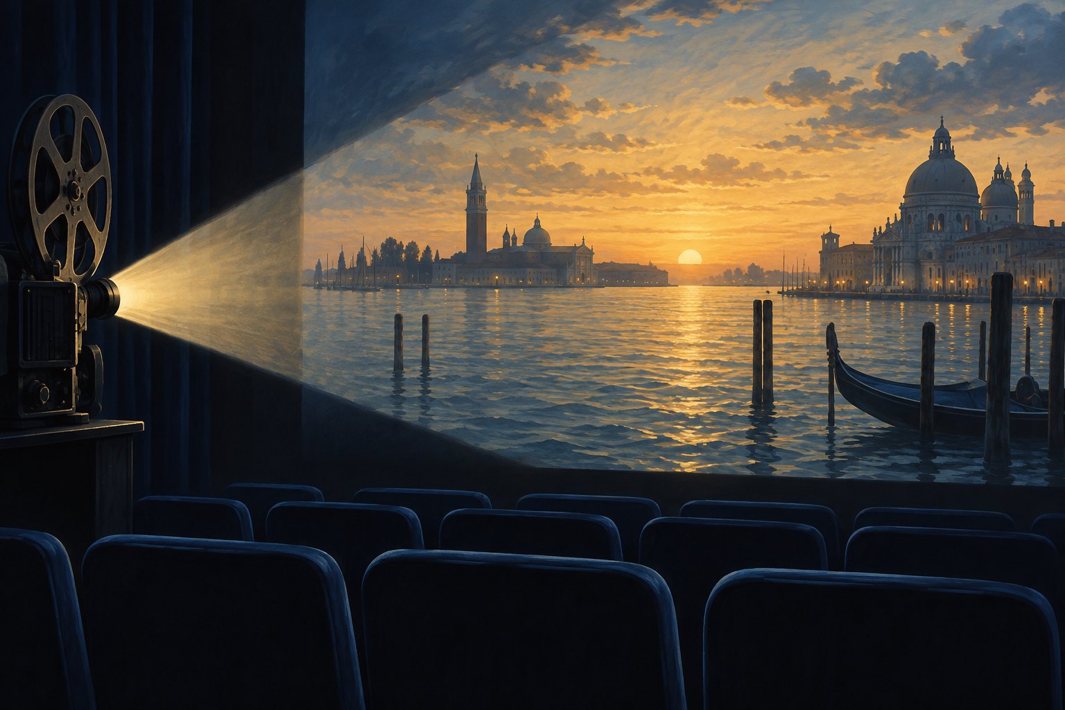 Conceptual illustration of a film projector casting light across a Venetian lagoon above rows of empty cinema seats.