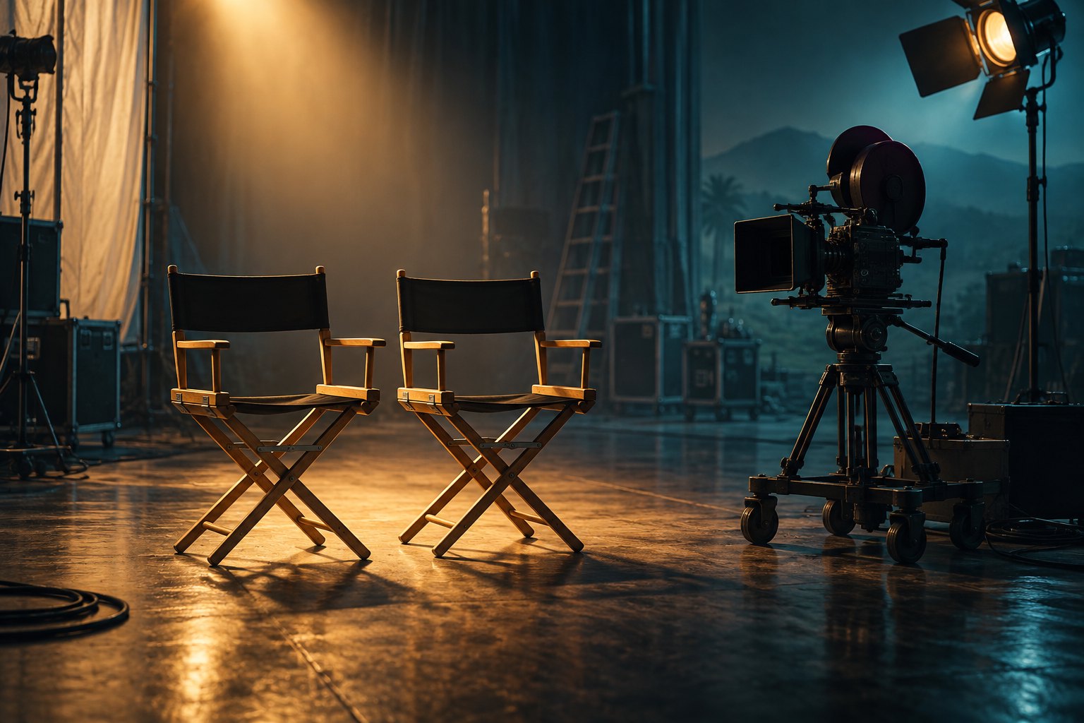 Two empty director chairs beside a movie camera on a soundstage lit in warm gold and cool blue.