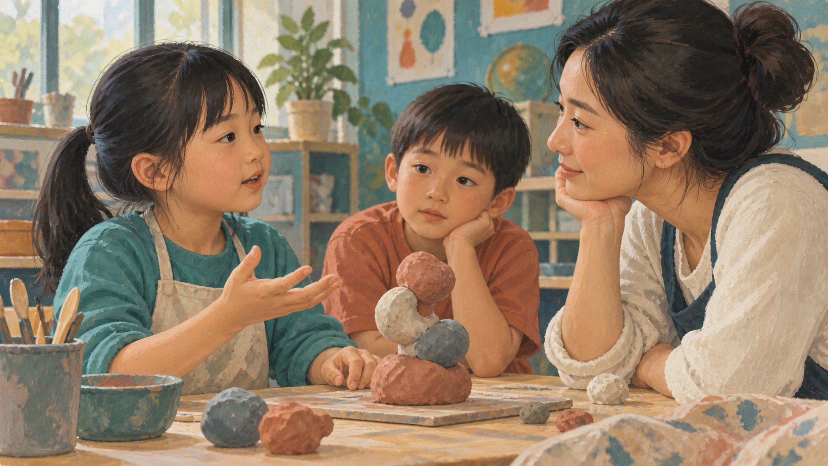 孩子在桌邊說明黏土作品,教師與同學專注聆聽的情境插畫,非電影劇照